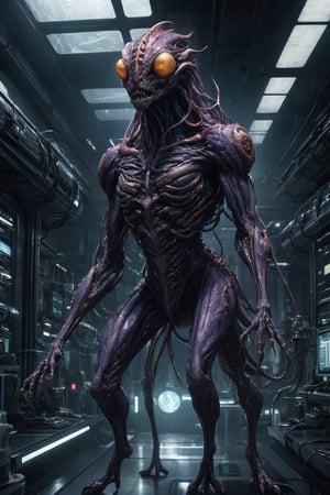 Generate hyper realistic image of a symbiotic  Persian alien parasite metamorph monster integrating with its host in a dark and futuristic sci-fi laboratory. Explore the unsettling fusion of organic and technological elements as the creature undergoes a metamorphic symbiosis.