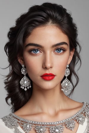 (masterpiece), young 18 yo Persian beauty, 
cute face, young face, pretty face, sexy look,
sexy makeup, blue eyes, red lips,
(black hair color), ( Wispy Updo hairstyle), (dynamic pose:1.6),
(daxxling jewelery), (intricate earrings), (intricate ear necklase), 
white skin, smirk,
sharp jawline,
(sexy attire),
messy hair, 
(head to hips view:1.4),