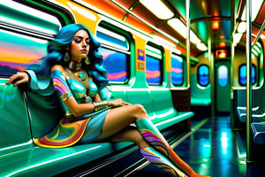  a persian young girl is sitting on a train, her legs sticking out, in the style of futuristic psychedelia, swirling vortexes, Best quality, masterpiece, ultra high res, (photorealistic:1.4), raw photo, swirling vortexes, sculptural costumes, photorealistic scenes