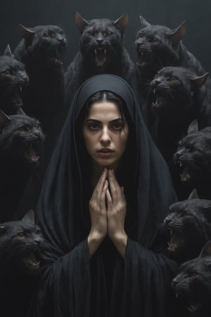 Generate hyper realistic image of a Persian girl tormented by demonic entities, each whispering sinful temptations into their ears. Dark, ethereal figures surround the individual, pushing them towards the brink of moral collapse in a nightmarish display of malevolent influence.