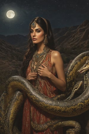 Generate hyper realistic image of a Persian  woman captivating serpents under the eerie glow of an eclipsed moon, her gaze hypnotic and her connection to the serpentine creatures indicative of an enigmatic serpent charmer.