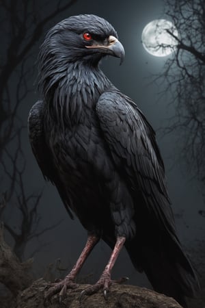 Generate hyper realistic image of a Persian  monstrous bird with tattered, ghostly feathers, blood-red eyes, and elongated beak and talons. Its haunting screeches send chills down the spine, and its wings cast shadows that seem to writhe. Set the scene in a moonlit graveyard, intensifying the supernatural horror of the cursed avian nightmare..