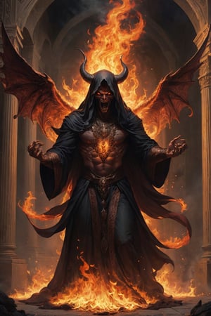 Generate hyper realistic image of a Persian demonic entity striking an infernal bargain with a desperate soul. The demon's form should be cloaked in flames, and the soul should be caught in the torment of their decision. Convey the moral dilemma and the malevolence of the demonic transaction in a scene that captures the essence of an unholy deal.