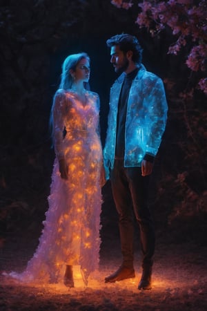 lightning, neon, darkness, neon darkness, two frozen Persian lovers, full body shot, nature, subsurface scattering, transparent, translucent skin, glow, bloom, Bioluminescent liquid, warm color, vibrant, volumetric light, RAW photo, Iranian lovers, Persian miniature,xxmix_girl