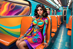 vivid, beautiful, colorful, Perisan color palete, a persian young girl is sitting on a train, her legs sticking out, in the style of futuristic psychedelia, swirling vortexes, Best quality, masterpiece, ultra high res, (photorealistic:1.4), raw photo, swirling vortexes, sculptural costumes, photorealistic scenes,xxmix girl woman