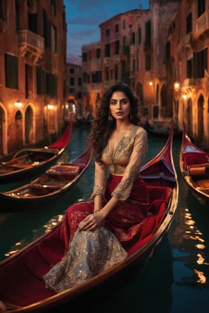 Generate hyper realistic image of a Persian woman with romantic curls, posing in a Venetian gondola amid the serene waterways. Capture the allure of her glamour against the backdrop of historic buildings and the soft glow of twilight.