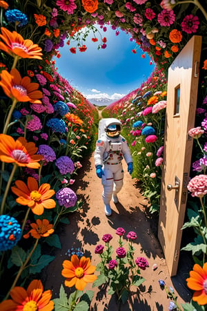 fisheye lens,Persian ,
a beautiful flower field, with vibrant blooms stretching as far as the eye can see,Person on the other side of the door, Astronaut,
Nestled among the flowers is an unexpected sight a wooden door, clearly made of lightweight material like cardboard or balsa wood, standing upright amidst the blossoms. Despite its humble construction, the door is adorned with intricate carvings and painted with vivid colors, adding to its whimsical charm,astronaut_flowers