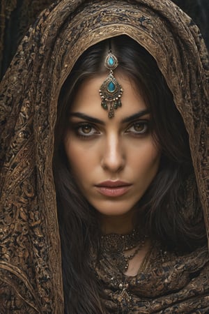 Generate hyper realistic image of a Persian enchantress with an air of malevolence, surrounded by swirling dark energies, her gaze capable of casting curses and weaving spells that plunge those who cross her into despair.. up close