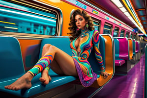 vivid, beautiful, colorful, Perisan color palete, a persian young girl is sitting on a train, her legs sticking out, in the style of futuristic psychedelia, swirling, Best quality, masterpiece, ultra high res, (photorealistic:1.4), raw photo, swirling vortexes, sculptural costumes, photorealistic scenes,xxmix girl woman,Movie Still