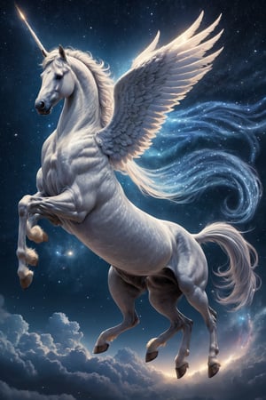 Generate hyper realistic image of a Persian celestial pegasus soaring through the starlit skies, its mane and tail trailing streams of stardust. The pegasus should embody the spirit of cosmic constellations, radiating a captivating luminosity as it gallops among the cosmic wonders.