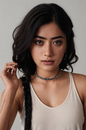 Take a photo of a woman with medium hair, wearing a tank top and a stylish collar or choker accessory, showcasing her freckles and a small, intriguing tattoo on her arm. The woman should have a slight smirk on her face, and her detailed face, especially her detailed nose, should be the focal point of the image. Use the rule of thirds composition to frame her face beautifully, and enhance the photo with dramatic lighting to add depth and intensity. Place the woman against an intricate background that complements her personality and adds to the overall story of the photograph.",lalisamanoban,rashmika 