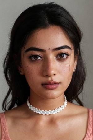 Take a photo of a woman with medium hair, wearing a tank top and a stylish collar or choker accessory, showcasing her freckles and a small, intriguing tattoo on her arm. The woman should have a slight smirk on her face, and her detailed face, especially her detailed nose, should be the focal point of the image. Use the rule of thirds composition to frame her face beautifully, and enhance the photo with dramatic lighting to add depth and intensity. Place the woman against an intricate background that complements her personality and adds to the overall story of the photograph.",lalisamanoban,rashmika 