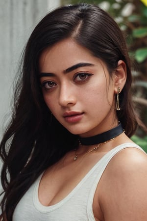 Take a photo of a woman with medium hair, wearing a tank top and a stylish collar or choker accessory, showcasing her freckles and a small, intriguing tattoo on her arm. The woman should have a slight smirk on her face, and her detailed face, especially her detailed nose, should be the focal point of the image. Use the rule of thirds composition to frame her face beautifully, and enhance the photo with dramatic lighting to add depth and intensity. Place the woman against an intricate background that complements her personality and adds to the overall story of the photograph.",lalisamanoban,rashmika 