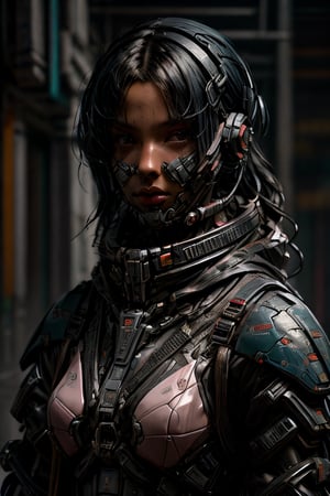 extremely realistic and detailed, a beautiful blue black hair woman, dressed in a cyberpunk sci-fi outfit, robotic glossy eyes, with pink colour in the background, soft lighting, finely detailed features, intricate brush strokes, beautiful lighting,  Cinematic, Color Grading, intricate details, Unreal Engine, Character Concept Art, creative, expressive, stylized anatomy, Detailedface, attitude pose, cyberpunk female character, robotic face,Urban techwear