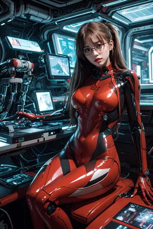 Asuka Langley a spaceship pilot in a latex suit with robotic limbs, laying down in a pod, in a cyberpunk setting, cyborg, implants, high details, realistic, photorealism, 8k,Cyberpunk, Red mecha,glasses,Robot factory