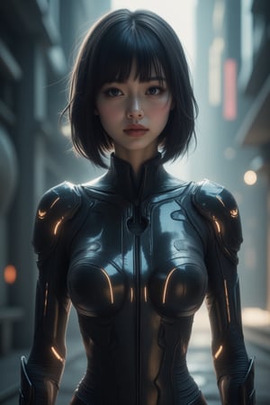 masterpiece, best quality, Realistic, Realistic style, FuturEvoLabScene, 1girl, solo, looking at viewer, bob cut, bodysuit, upper body,FuturEvoLabArmor