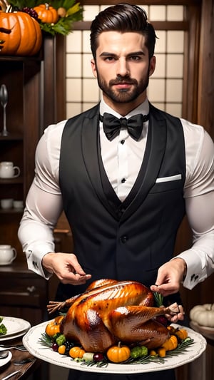 butler carries a plate of Thanksgiving turkey