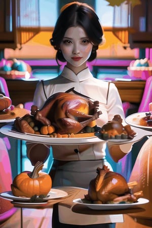 ((a young beautiful lady)) wearing ((adorable casual attire)) ((posing)) ((In the dining room)),((Thanksgiving turkey-themed:1.4)), ((night)), (((Dim light:1.4))), (((😉:1.4))), and ((wearing skirt)), and ((wearing gloves)), ((70s themes:1.4)), ((perfect_figure)), ((cleavage)), smiling, ((endearing)), ((Sweating)), ((wide_shot)), ((showing bang hair)), profesional masterpiece photography, hyper realistic, romantic , Bangsian fantasy, Bengali, photo, arabesque, ((Rangoli)), qajar art, instagram,, Anime,hogrobe,Thanksgiving turkey,Cyberpunk