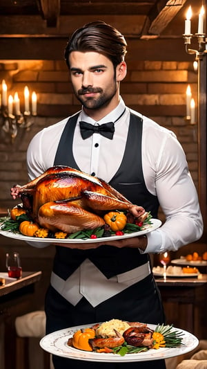 butler carries a plate of Thanksgiving turkey