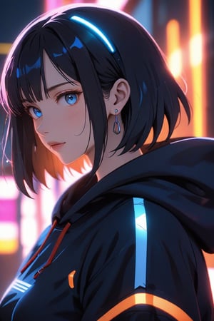 (masterpiece, best quality:1.3), FuturEvoLabAnime, 1girl, solo, looking at viewer, short hair, bangs, blue eyes, black hair, jewelry, jacket, upper body, earrings, outdoors, parted lips, hood, blurry, from side, black jacket, looking to the side, hoodie, night, depth of field, blurry background, bob cut, hood down, neon lights, 