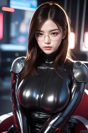 Asuka Langley a spaceship pilot in a latex suit with robotic limbs, laying down in a pod, in a cyberpunk setting, cyborg, implants, high details, realistic, photorealism, 8k,Cyberpunk, Red mecha,glasses,Robot factory,Exquisite face