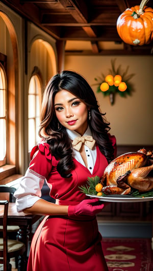 ((a young beautiful lady)) wearing ((adorable casual attire)) ((posing)) ((In the dining room)),((Thanksgiving turkey-themed:1.4)), ((night)), (((Dim light:1.4))), (((😉:1.4))), and ((wearing skirt)), and ((wearing gloves)), ((70s themes:1.4)), ((perfect_figure)), ((cleavage)), smiling, ((endearing)), ((Sweating)), ((wide_shot)), ((showing bang hair)), profesional masterpiece photography, hyper realistic, romantic , Bangsian fantasy, Bengali, photo, arabesque, ((Rangoli)), qajar art, instagram,, Anime,hogrobe,Thanksgiving turkey,Cyberpunk