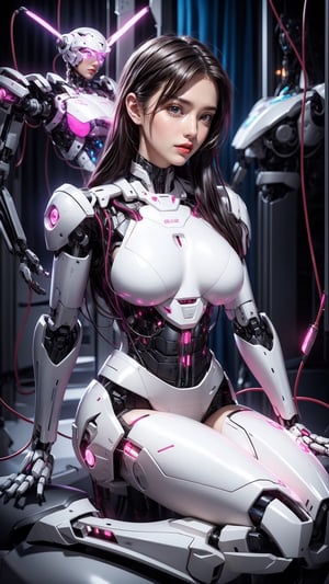 1girl, beautiful face, pale skin, black_hair, medium hair, robotic body, full body, sitting, wires, robotic legs, robotics arms, robotic body, robotic hands, futiristic, robotic, mechanical, armored, sitting, expressionless face, damaged robotic body, black_robotic_body, alone, (wires), straight leg,cum in breast,Milk breast,mecha,bodycon,light particles,Pink Mecha,Honey Mecha,CyberMechaGirl