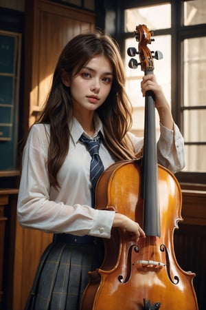 high school student,girl,school uniform,carrying a case of cello,in the performance room ,Best Quality, 32k, photorealistic, ultra-detailed, finely detailed, high resolution, perfect dynamic composition, beautiful detailed eyes, sharp-focus, cowboy_shot, 