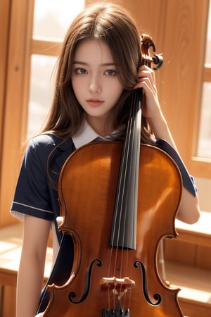 high school student,girl,school uniform,carrying a case of cello,in the performance room ,Best Quality, 32k, photorealistic, ultra-detailed, finely detailed, high resolution, perfect dynamic composition, beautiful detailed eyes, sharp-focus, cowboy_shot, 