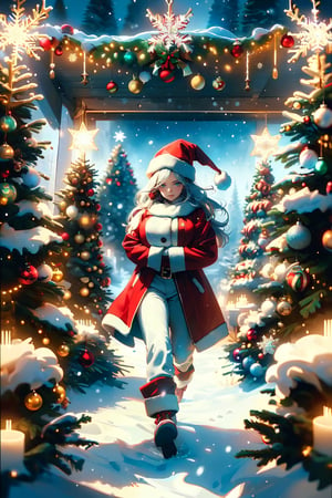 atmospheric scene, masterpiece, best quality (detailed background, (ultra detailed texture), (cinematic light: 1.1), extremely detailed CG, unity 8k wallpaper, ultra detailed, highly detailed, high resolution, best quality, extremely detailed, Christmas style, area lighting, HD, 8k, ((Full body))

1 girl, very long white hair, big breasts, red santa pants, red santa coat, long coat with green details, red santa hat, perfect hands, ((yelloew eyes)) big waist, thick thighs

high resolution, santa's sleigh, snow, snowy mountains, cinematic lighting, female, perfect lighting, looking at viewer, christmas trees, christmas village, christmas lights, holding, smile, medieval village, wizardry, snowy sky, white hair,Santa Claus,Christmas Room,Snowflake
