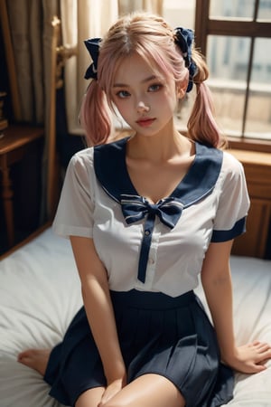 ,kneeing,sexy ,large breasts ,bed,school uniform,,feet,hand holding breast, one leg forward  yuno gasai, long hair, pink eyes, pink hair, smile, low twintails,, serafuku, white sailor collar, short sleeves, shirt, blue shirt, skirt, blue skirt, bow, bowtie, red bowtie, , bare shoulders, black dress, bow, cleavage, collarbone, dress, hair bow,best quality,masterpiece,,figma, model,