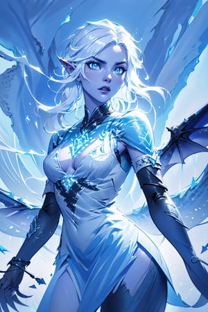 Highres, best quality, extremely detailed, area lighting in background, HD, 8k, extremely intricate:1.3), (cowboy shot), dynamic pose, Painting, 1 girl, white hair, ice dragon, blue eyes, pieces of ice on the body, white dress ,GlowingRunes_blue (ice dragon in the background),yuritamashi style,drow,no_humans