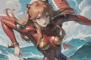 asuka langley soryu sitting on surfboard, dawn light, 1980 1990 anime retro nostalgia, bluest water, masterpiece, ultimate details, -style expressive --niji 5 
