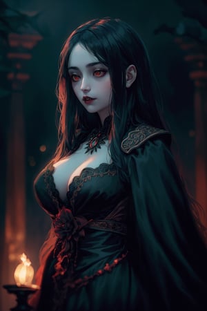 Vampire Queen, backlit, intricate details, highly detailed, slate atmosphere, cinematic, dimmed colors, dark shot, muted colors, film grain, lut, spooky, depth blur, blurry background dof, bokeh, realistic, realistic skin,ojou-sama pose