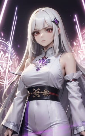 (masterpiece, top quality, best quality, official art, beautiful and aesthetic:1.2), cute angry girl, detailed face, ((red eyes)), medium chest, long white hair,  violet blouse and pants, luminous effects, highest detailed, floating particles, ancient runes, geometric patterns, mana, shadows, epic atmosphere