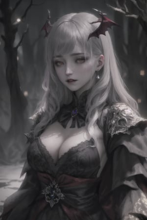 Vampire Queen, backlit, intricate details, highly detailed, slate atmosphere, cinematic, dimmed colors, dark shot, muted colors, film grain, lut, spooky, depth blur, blurry background dof, bokeh, realistic, realistic skin,ojou-sama pose