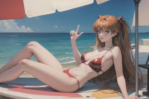 asuka langley soryu sitting on surfboard, dawn light, 1980 1990 anime retro nostalgia, bluest water, masterpiece, ultimate details, -style expressive --niji 5 
