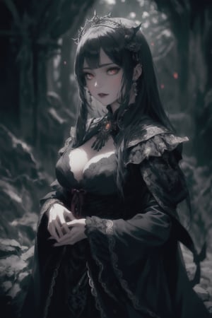 Vampire Queen, backlit, intricate details, highly detailed, slate atmosphere, cinematic, dimmed colors, dark shot, muted colors, film grain, lut, spooky, depth blur, blurry background dof, bokeh, realistic, realistic skin,ojou-sama pose