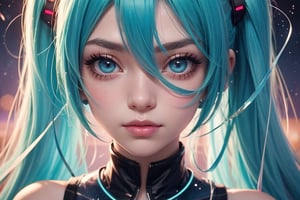 Hatsune Miku but its Cyberpunk, a close up of a woman with stars on her face, stars in her gazing eyes, anime vibes, stars in her eyes, dreamy illustration, procreate illustration, ✨🕌🌙, trending on artstration, ☁🌪🌙👩🏾, dreamy aesthetic, inspired by loish, stars are hidden in the eyes, starry eyes, loish art style, soft anime illustration