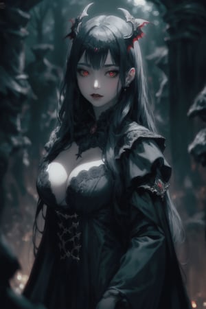 Vampire Queen, backlit, intricate details, highly detailed, slate atmosphere, cinematic, dimmed colors, dark shot, muted colors, film grain, lut, spooky, depth blur, blurry background dof, bokeh, realistic, realistic skin,ojou-sama pose