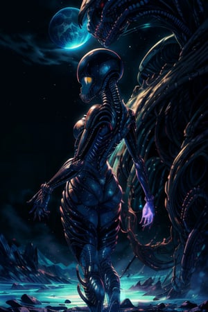 A breathtaking 8K AI-generated image reveals a stunning alien landscape In this breathtaking ultra UHD picture, immerse yourself in an otherworldly realm where an awe-inspiring Xenomorph alien takes center stage. Against the backdrop of an alienated landscape, the creature stands tall and imposing, its sleek black exoskeleton glistening with an otherworldly sheen.

The Xenomorph's elongated head, adorned with intricate biomechanical details, gazes out into the horizon with haunting phosphorescent yellow eyes, hinting at the depths of its extraterrestrial intelligence.

Surrounded by the surreal beauty of the alien landscape, you'll witness a kaleidoscope of vibrant planets, each displaying distinct colors and patterns in the distant sky. The planets seem to dance in harmony, forming a cosmic ballet that adds to the ethereal atmosphere of the scene.

The landscape itself is a mesmerizing tapestry of unique and bizarre elements, with towering rock formations taking on extraordinary shapes and bioluminescent flora illuminating the alien terrain with an otherworldly glow.

As the Xenomorph stands as a formidable guardian of this enigmatic realm, the contrast between its nightmarish appearance and the exquisite beauty of the alienated landscape creates an intriguing juxtaposition that beckons viewers to explore the depths of this extraordinary universe.

This ultra UHD picture invites you to lose yourself in the stunning details and immerse yourself in the mysterious allure of the unknown, where the Xenomorph's eerie presence stands as a testament to the boundless creativity of the cosmos.,Betty