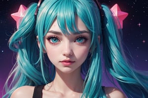 Hatsune Miku but its Cyberpunk, a close up of a woman with stars on her face, stars in her gazing eyes, anime vibes, stars in her eyes, dreamy illustration, procreate illustration, ✨🕌🌙, trending on artstration, ☁🌪🌙👩🏾, dreamy aesthetic, inspired by loish, stars are hidden in the eyes, starry eyes, loish art style, soft anime illustration