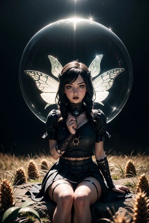 ((intricate details, hyperdetailed)),RAW,F/x 1,photorealistic,Hyper-realism,ambient occlusion,light defraction,depth of field,3D,hdr,8k,raytracing,realistic shadow,volumetric light,bloom,(Large Tall sealed glass spherical biosphere with ((goth fairy)) wearing a black skirt),(miniature figure), in flight over the field, slightly plump cheeks, black hair, dark green eyes, blush, korean,sitting on a on electrical panel,  wheat field on a clear day background,wood,brass,realistic glass,scattered adventurers gear,amber dim lighting,best quality,beautiful composition,concept art,masterpiece,intricate,octane render,award winning photograph,trending on artstation,unreal engine 5,original, 