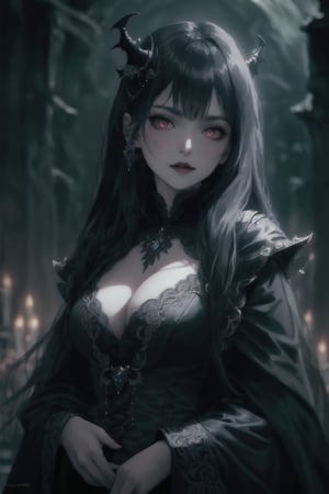 Vampire Queen, backlit, intricate details, highly detailed, slate atmosphere, cinematic, dimmed colors, dark shot, muted colors, film grain, lut, spooky, depth blur, blurry background dof, bokeh, realistic, realistic skin,ojou-sama pose