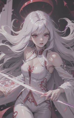 (masterpiece, top quality, best quality, official art, beautiful and aesthetic:1.2), cute angry girl, detailed face, ((red eyes)), medium chest, long white hair,  violet blouse and pants, luminous effects, highest detailed, floating particles, ancient runes, geometric patterns, mana, shadows, epic atmosphere