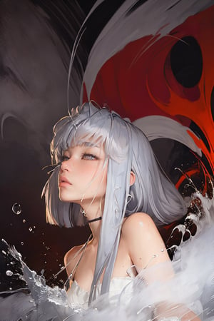 (masterpiece, top quality, best quality, official art, beautiful and aesthetic:1.2), (1girl:1.2), cute, extreme detailed,(abstract:1.4, fractal art:1.3),(silver_hair:1.1), fate \(series\), colorful,highest detailed, fire, ice, lightning, (splash_art:1.2), jewelry:1.4, hanfu, ,  scenery, ink,ASU1,horror