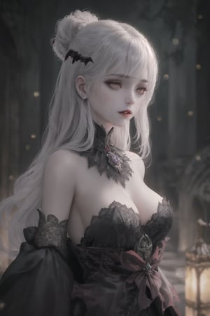 Vampire Queen, backlit, intricate details, highly detailed, slate atmosphere, cinematic, dimmed colors, dark shot, muted colors, film grain, lut, spooky, depth blur, blurry background dof, bokeh, realistic, realistic skin,ojou-sama pose