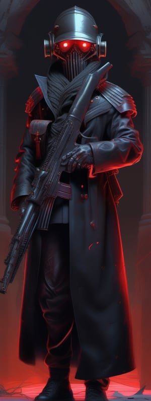 Portrait of a dark soldier in black overcoat armor like a German ww2, carrying a large machine gun, with a helmet covering his inner face and with red eyes, masterpiece painting with detailed face, full body 4k, trending on artstation, octane render, art by artgerm and greg rutkowski and alphonse mucha and craig mullins and James Jean and Andrei Riabovitchev and Marc Simonetti and peter mohrbacher