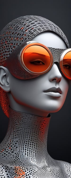 a woman wears and wears black dots on her head, in the style of futuristic fantasy, 3d, metallic sculpture, elegant, emotive faces, dark Orange and red and light silver,her eyes wearin a futuristic sun glasses algorithmic artistry, high resolution