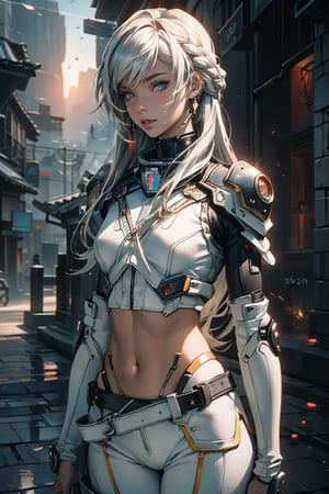 anime girl in a tight shine body shout, epic anime art, thin waist, beautiful figure, wide hips, sexy, teen, belts, holster, crop top, (best quality, ultra quality), long hair, gray hair, split colors hair, detailed face, detailed eyes, cute eyes, perfect lighting, HD, 8k, glossy skin, masterpiece, digital art, intricate details, highly detailed, volumetric lighting, background detiled, ue5, unreal engine 5, artstation, trending on artstation, post processing, line art, tiny details,  colorful detailed illustration, outer_space 1960s, cinematic, multiple light sources, sunset,